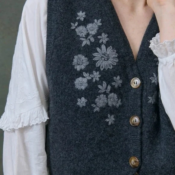 Grey 100% Wool Embroidered Vest – Button Front, Minimal Style - Picture 2 of 8